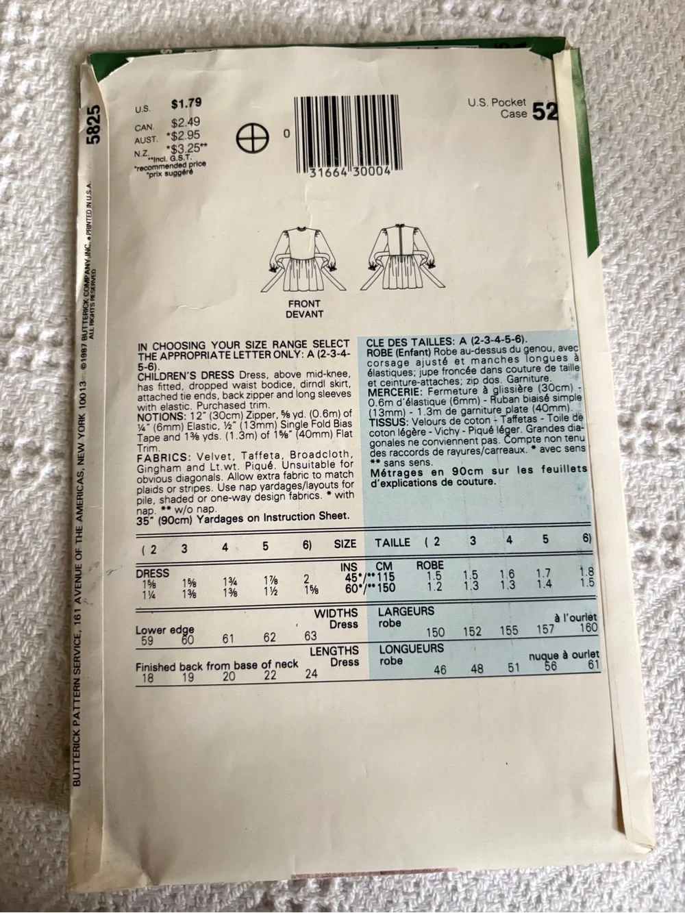 Vintage Butterick See & Sew Pattern 5825 for Toddler/Girl’s Dress